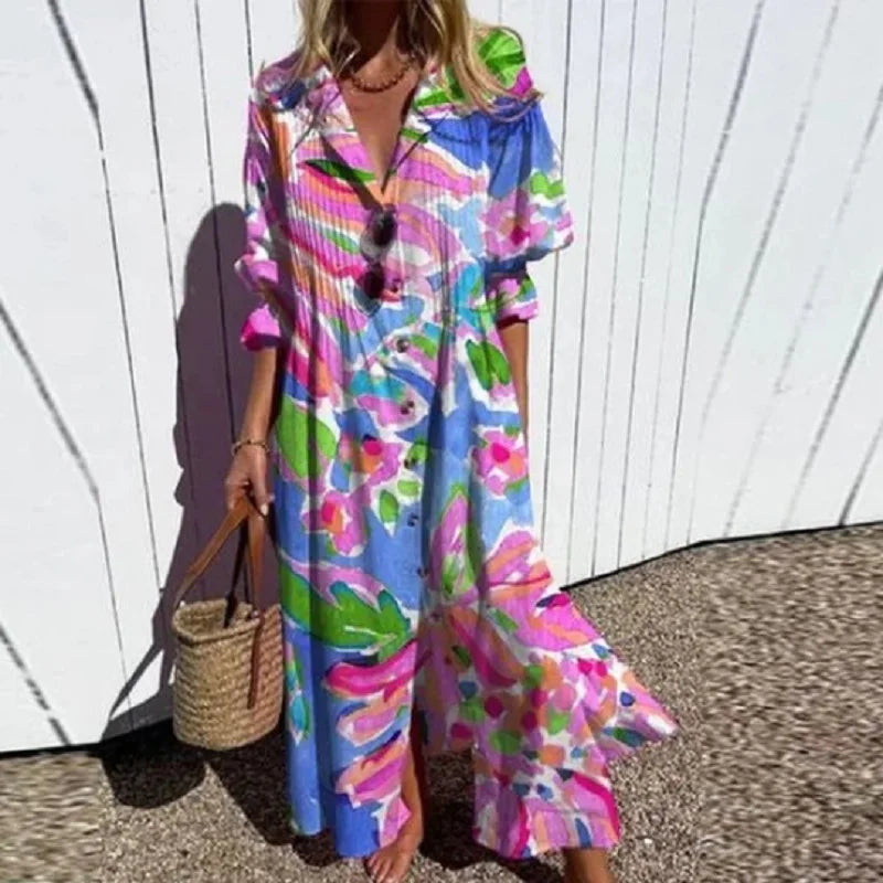 Maxijurk – losse pasvorm – lange mouwen – jurk met knoopsluiting – zomerjurk-Boutique Moda