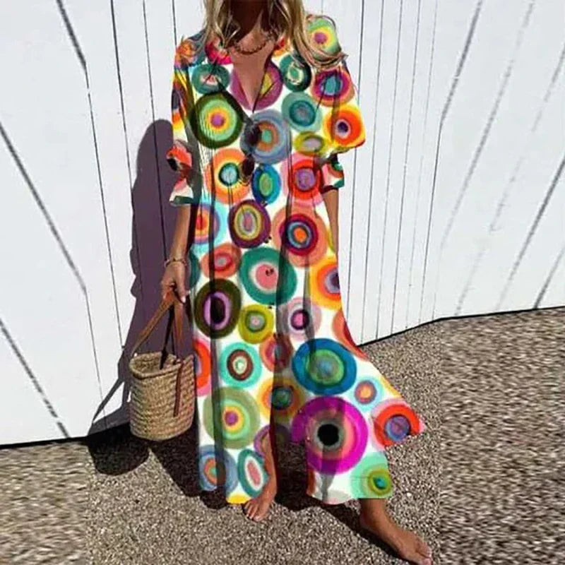 Maxijurk – losse pasvorm – lange mouwen – jurk met knoopsluiting – zomerjurk-Boutique Moda