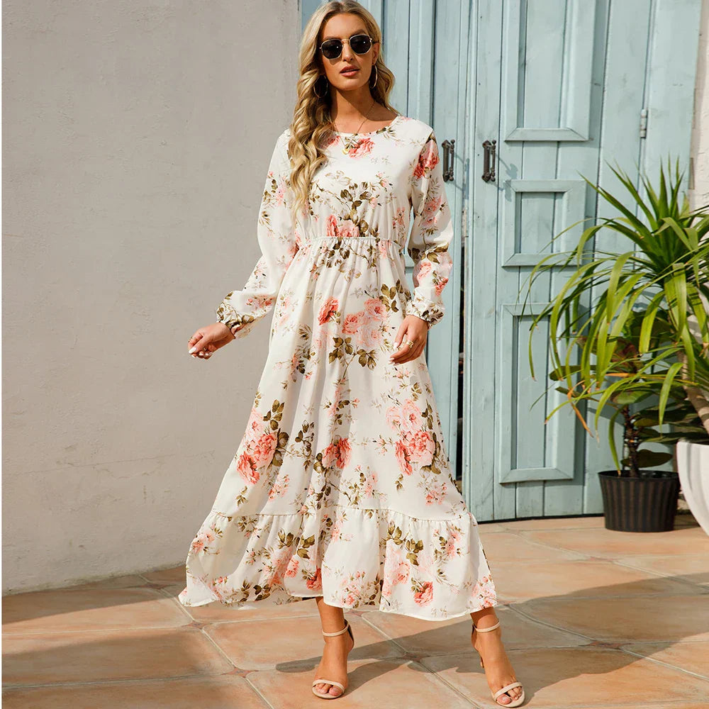Maxijurk voor de zomer - Maxijurk met bloemenprint en lange mouwen-Boutique Moda
