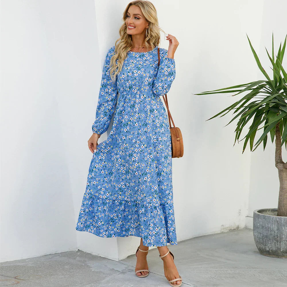 Maxijurk voor de zomer - Maxijurk met bloemenprint en lange mouwen-Boutique Moda