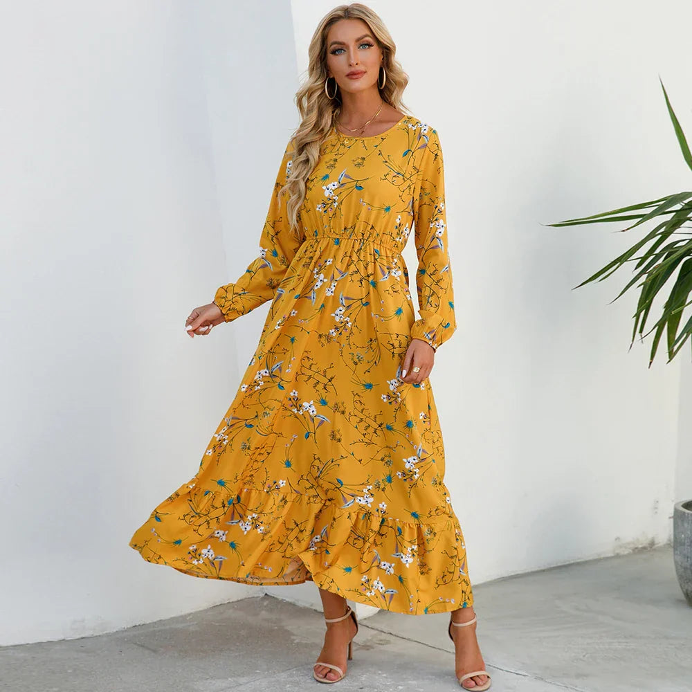 Maxijurk voor de zomer - Maxijurk met bloemenprint en lange mouwen-Boutique Moda