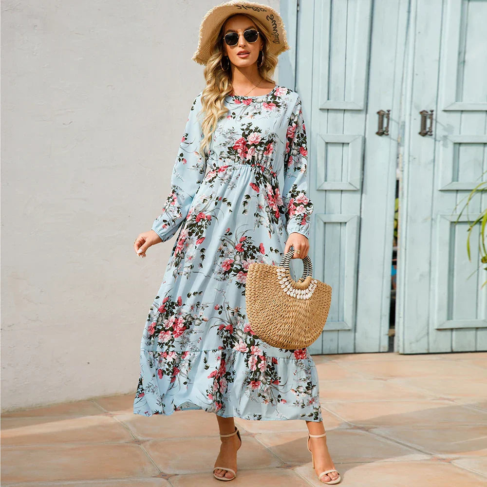 Maxijurk voor de zomer - Maxijurk met bloemenprint en lange mouwen-Boutique Moda