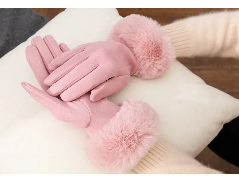 Met bont gevoerde handschoenen - Vrouwen Warme Faux Fur Fluwelen Winterhandschoenen-Boutique Moda