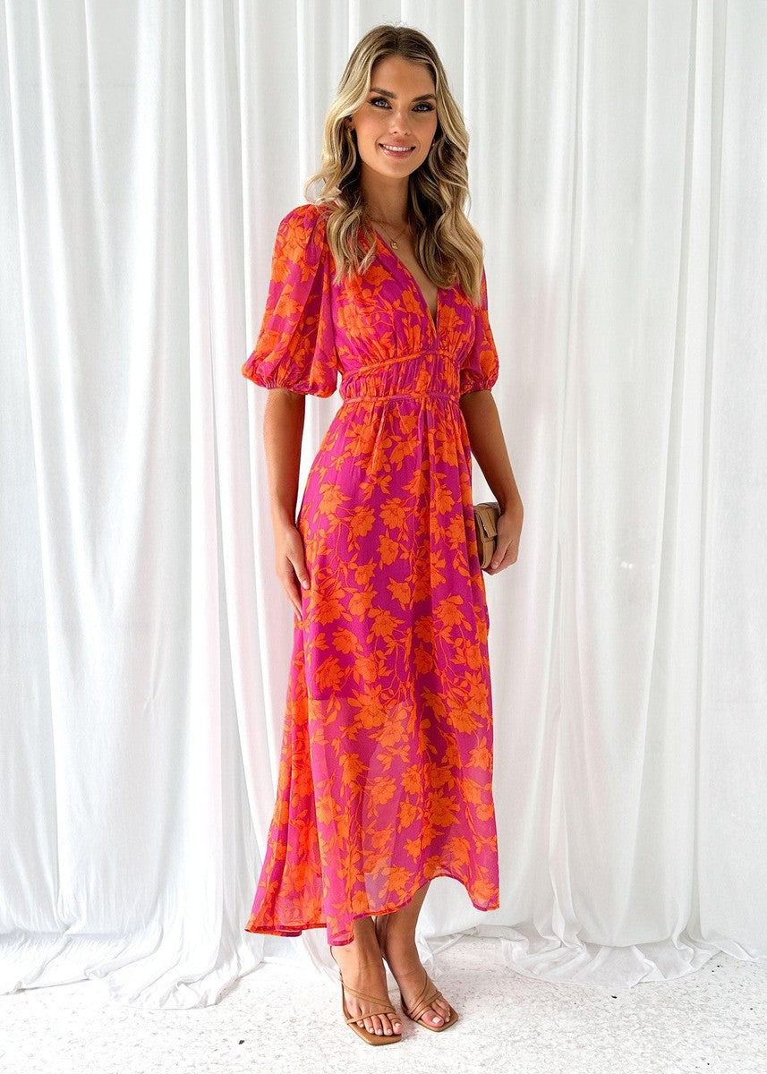 Midi-jurk | Chiffon | Bloemenprint | V-hals | Zomerjurk-Boutique Moda