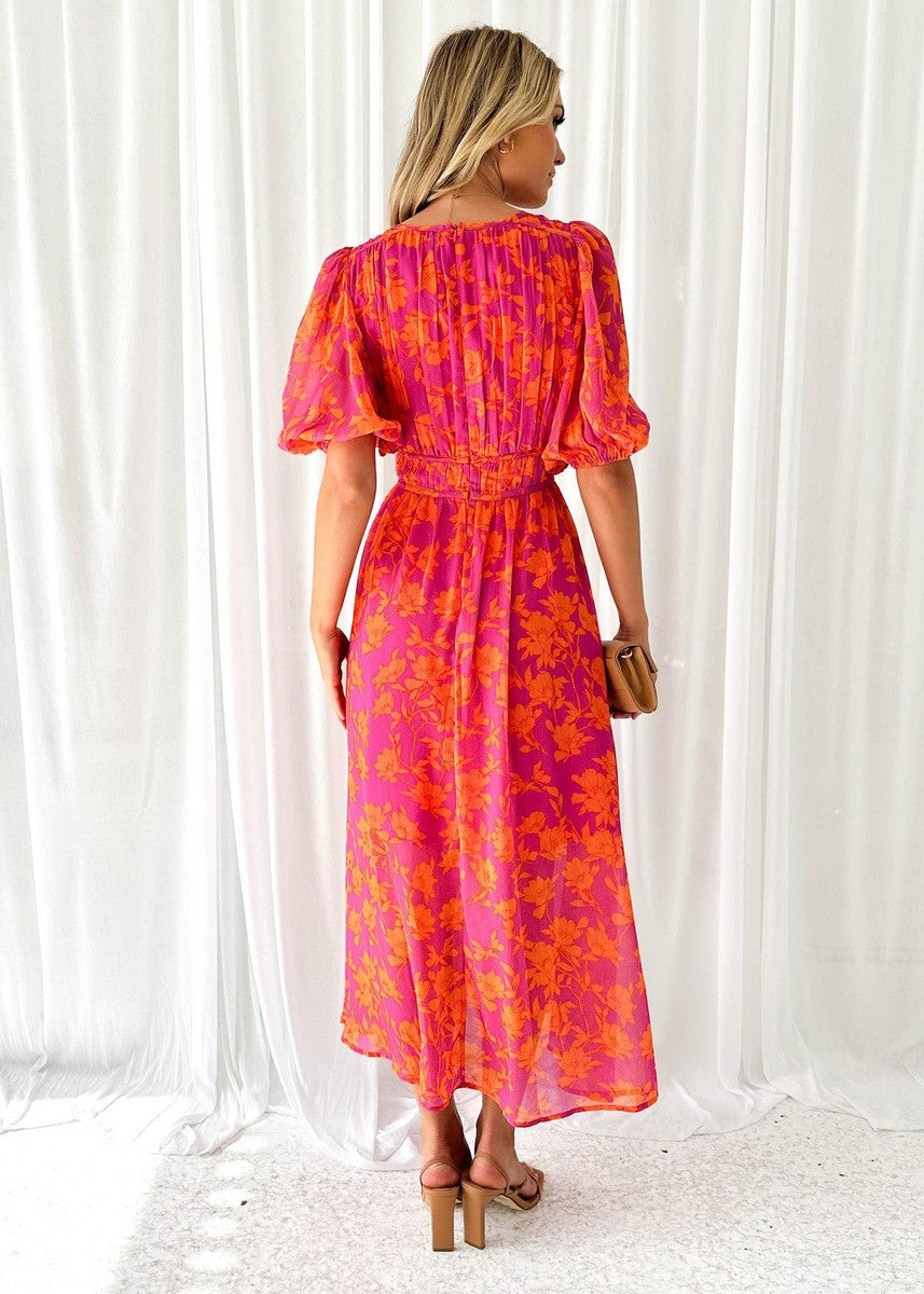 Midi-jurk | Chiffon | Bloemenprint | V-hals | Zomerjurk-Boutique Moda
