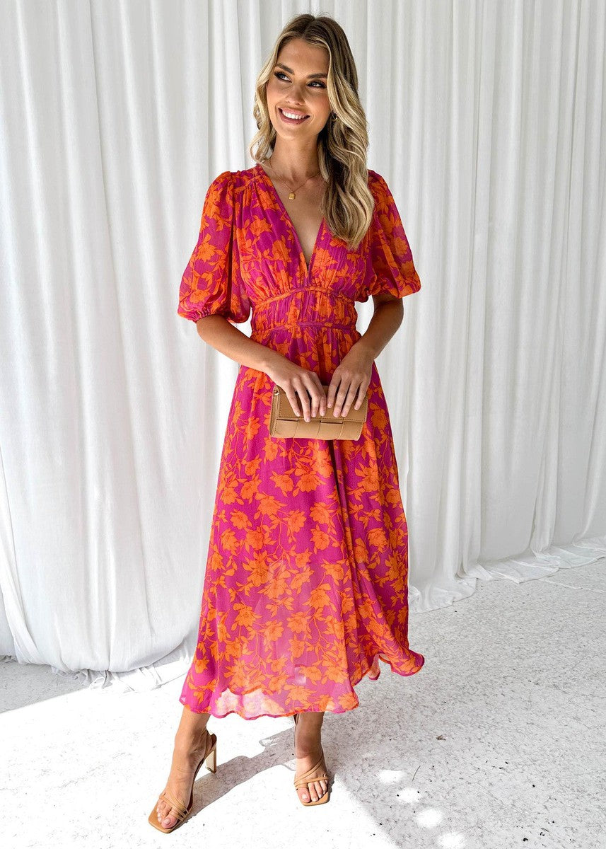 Midi-jurk | Chiffon | Bloemenprint | V-hals | Zomerjurk-Boutique Moda