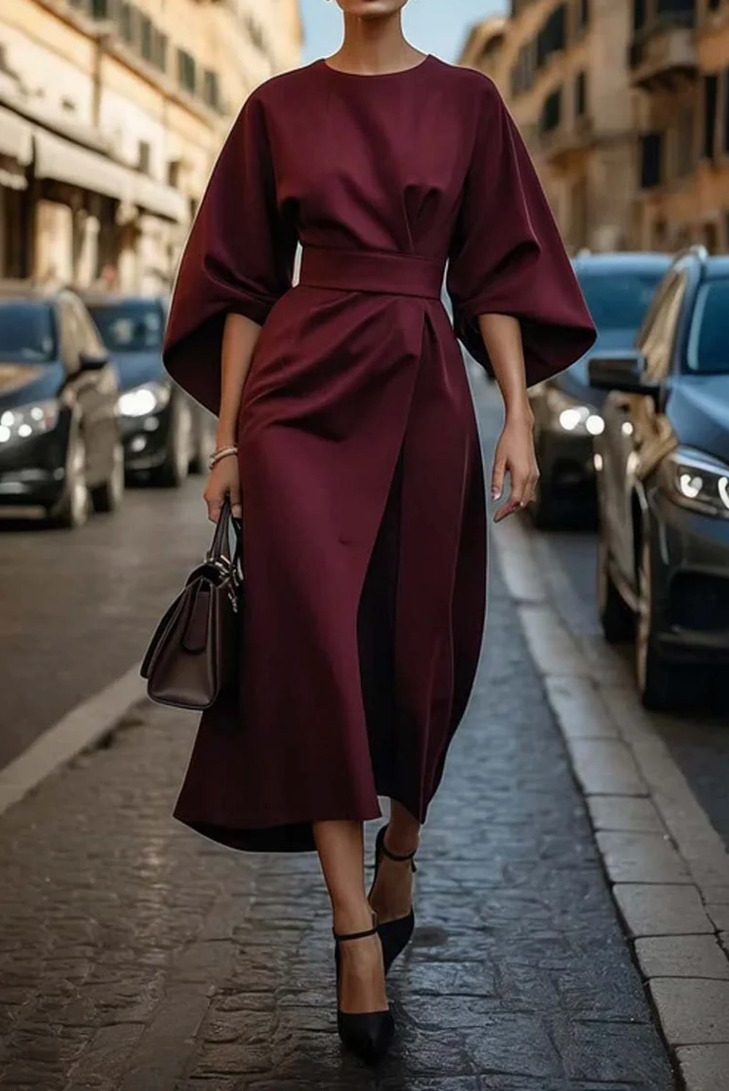 Midi-jurk - Elegante jurk met lange, wijde mouwen-Boutique Moda
