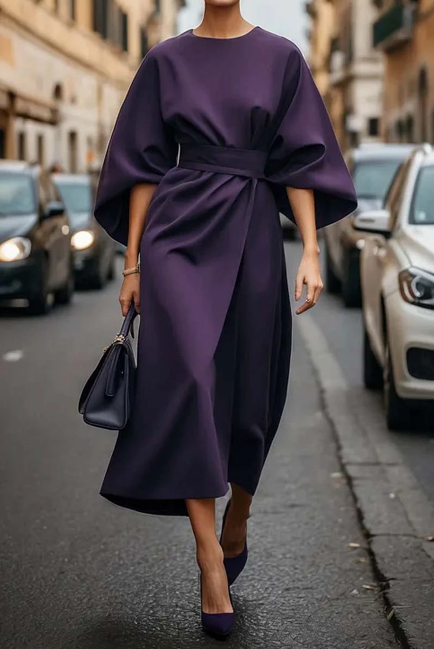 Midi-jurk - Elegante jurk met lange, wijde mouwen-Boutique Moda