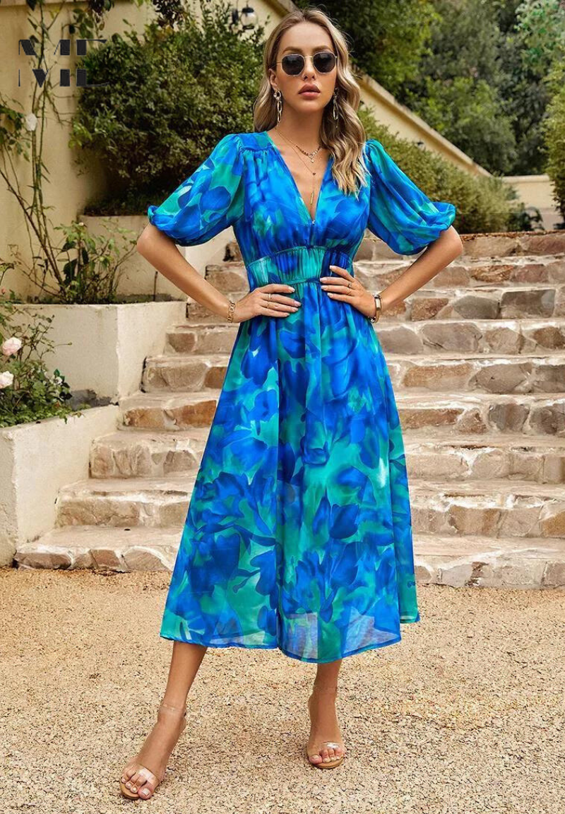 Midi-jurk | Zomer | Pofmouwen | Bloemenprint-Boutique Moda
