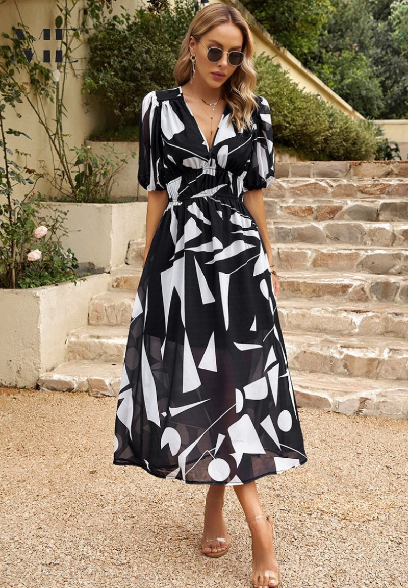 Midi-jurk | Zomer | Pofmouwen | Bloemenprint-Boutique Moda