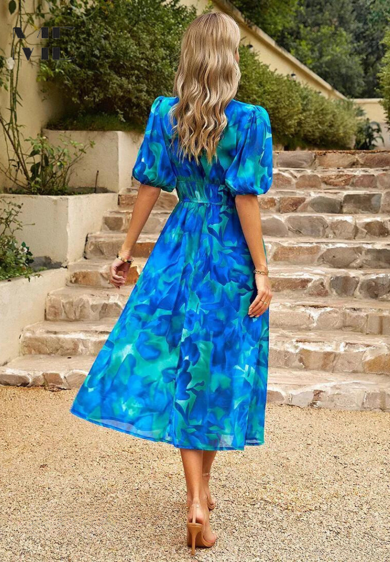 Midi-jurk | Zomer | Pofmouwen | Bloemenprint-Boutique Moda
