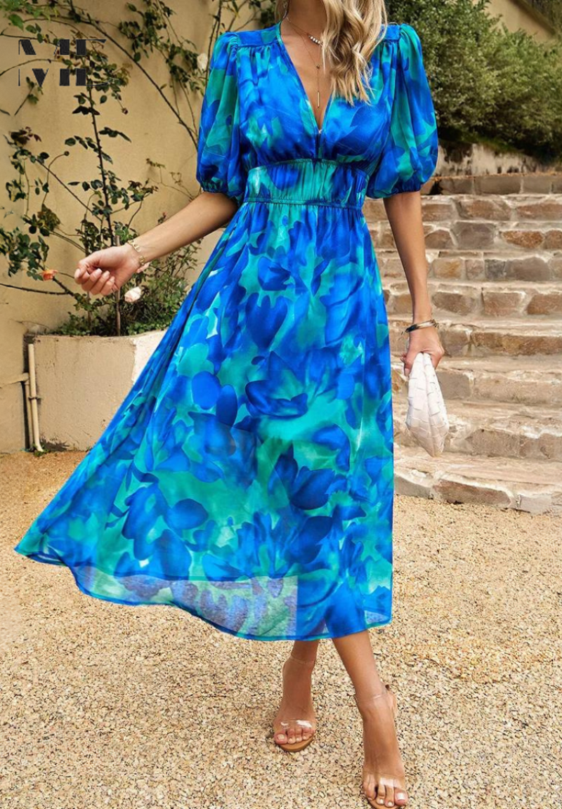 Midi-jurk | Zomer | Pofmouwen | Bloemenprint-Boutique Moda