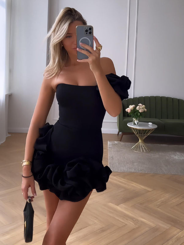 Mini-feestjurk | One-shoulder | Ruche-Boutique Moda
