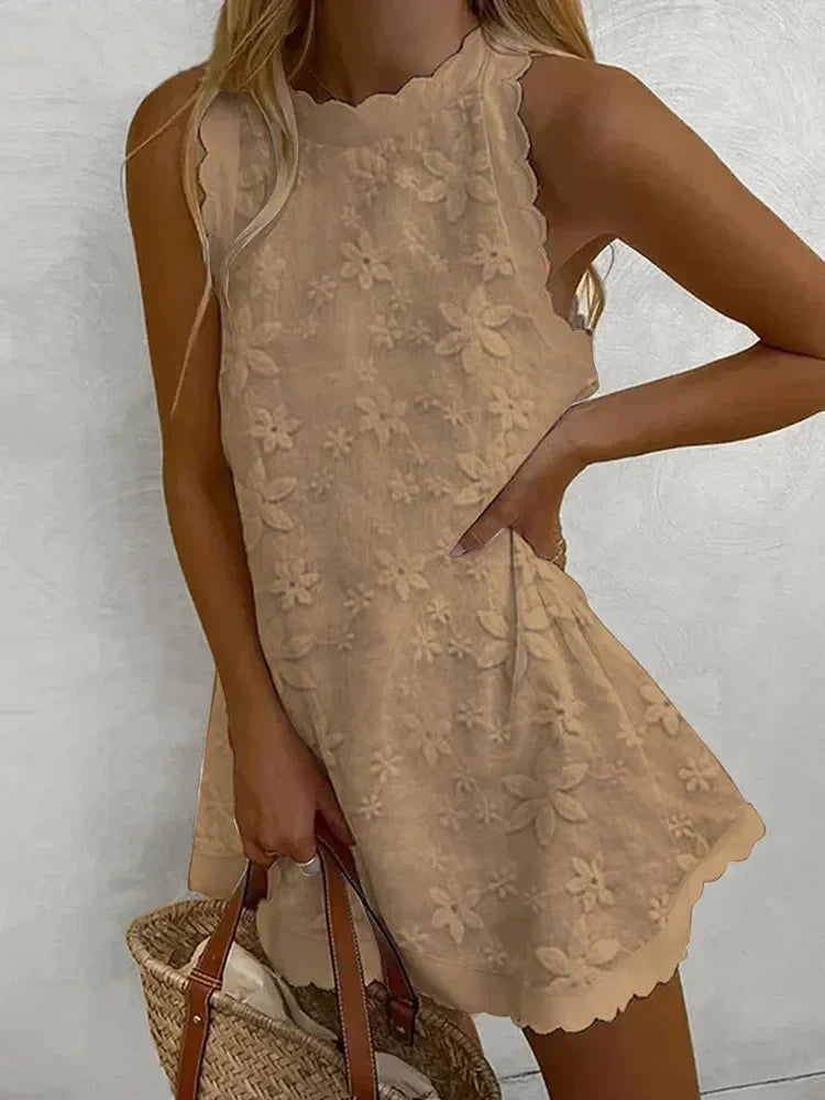 Mouwloze Bloemen Mini Jurk | Zomerjurk met Geborduurde Bloemen | A-lijn Dames-Boutique Moda