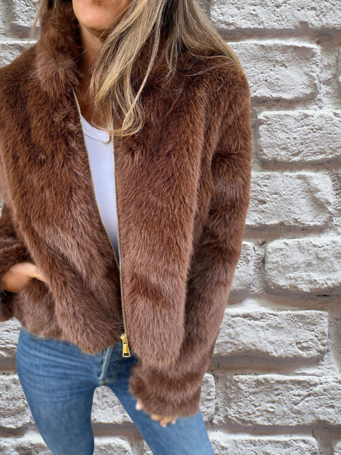 Nepbontjas | Pluizig | Ritssluiting | Korte bontjas | Damesjas-Boutique Moda