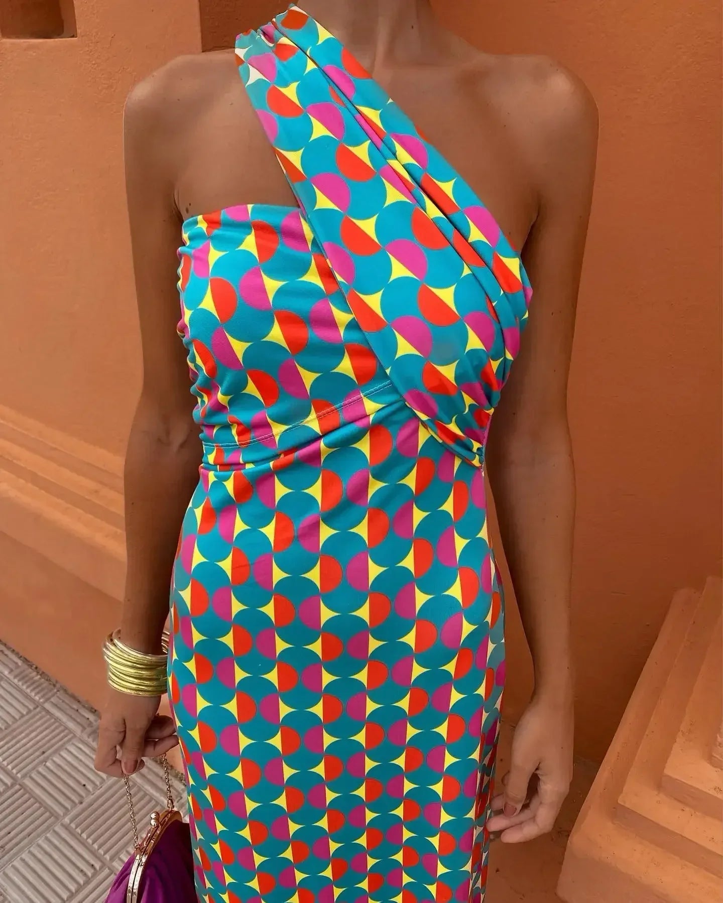 One Shoulder Maxi Jurk Dames | Bodycon Gastenjurk met Print-Boutique Moda