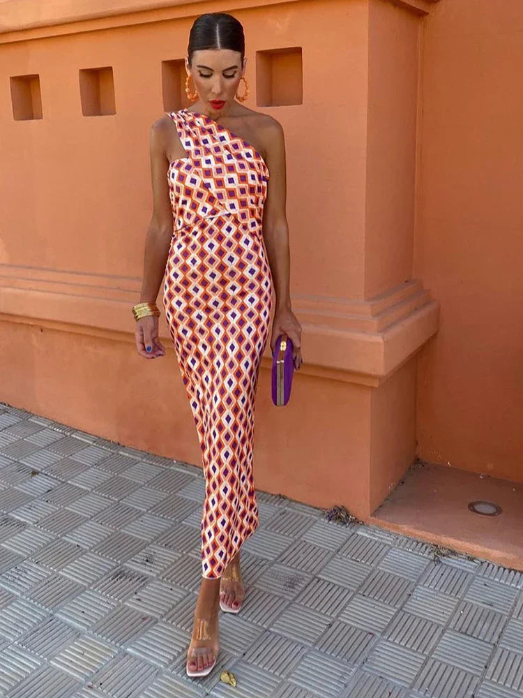 One Shoulder Maxi Jurk Dames | Bodycon Gastenjurk met Print-Boutique Moda