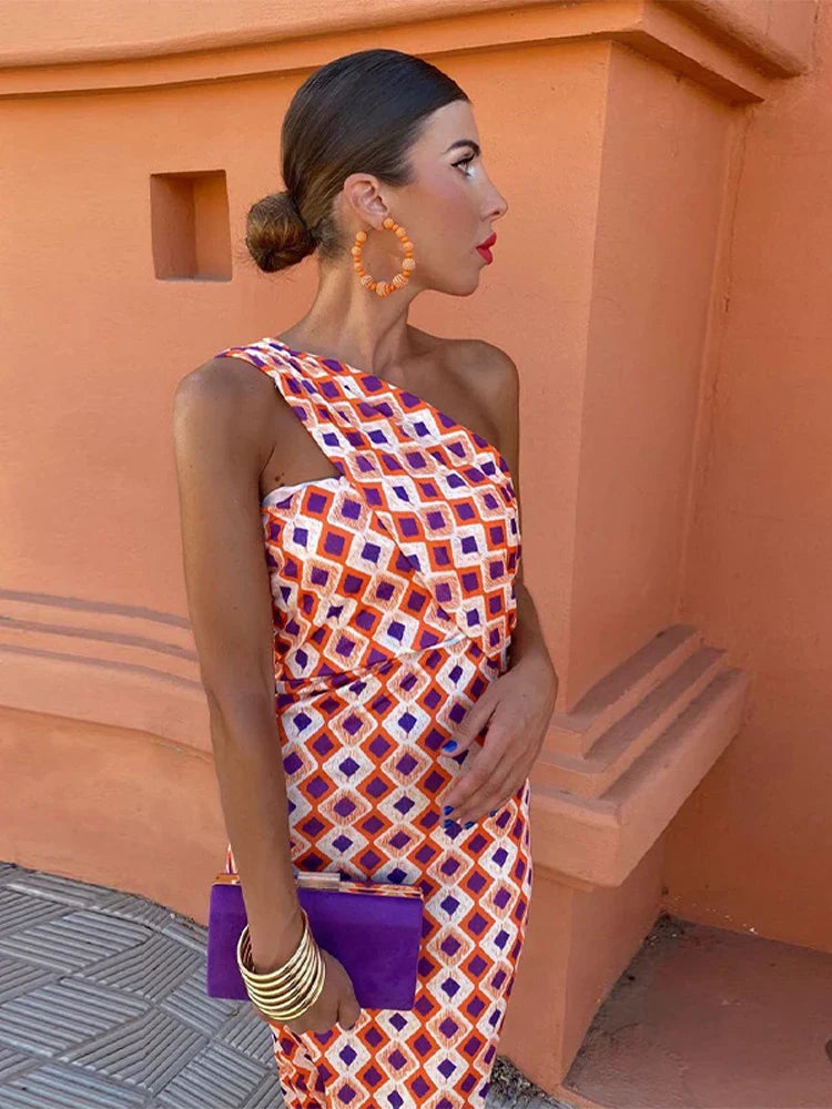 One Shoulder Maxi Jurk Dames | Bodycon Gastenjurk met Print-Boutique Moda