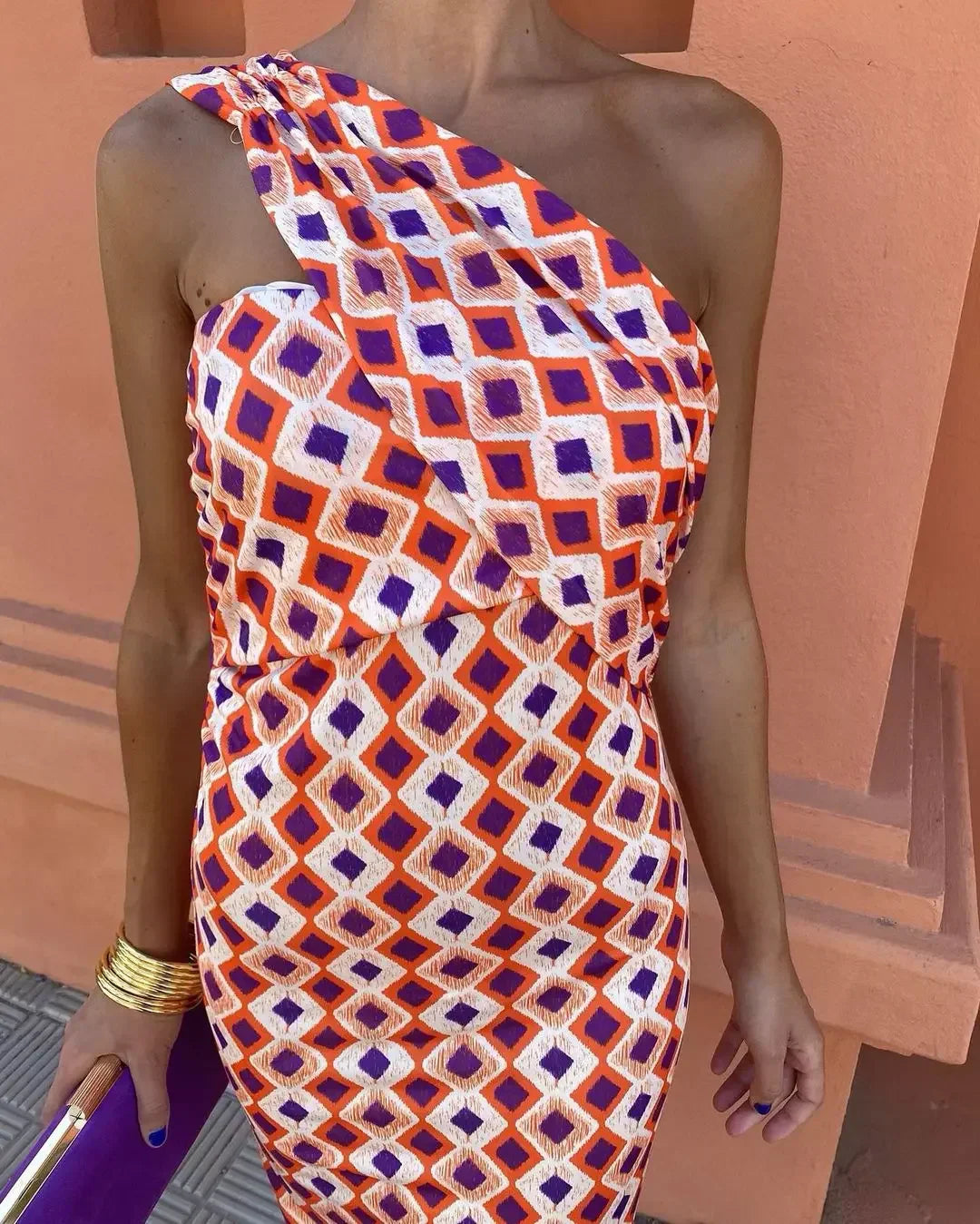 One Shoulder Maxi Jurk Dames | Bodycon Gastenjurk met Print-Boutique Moda