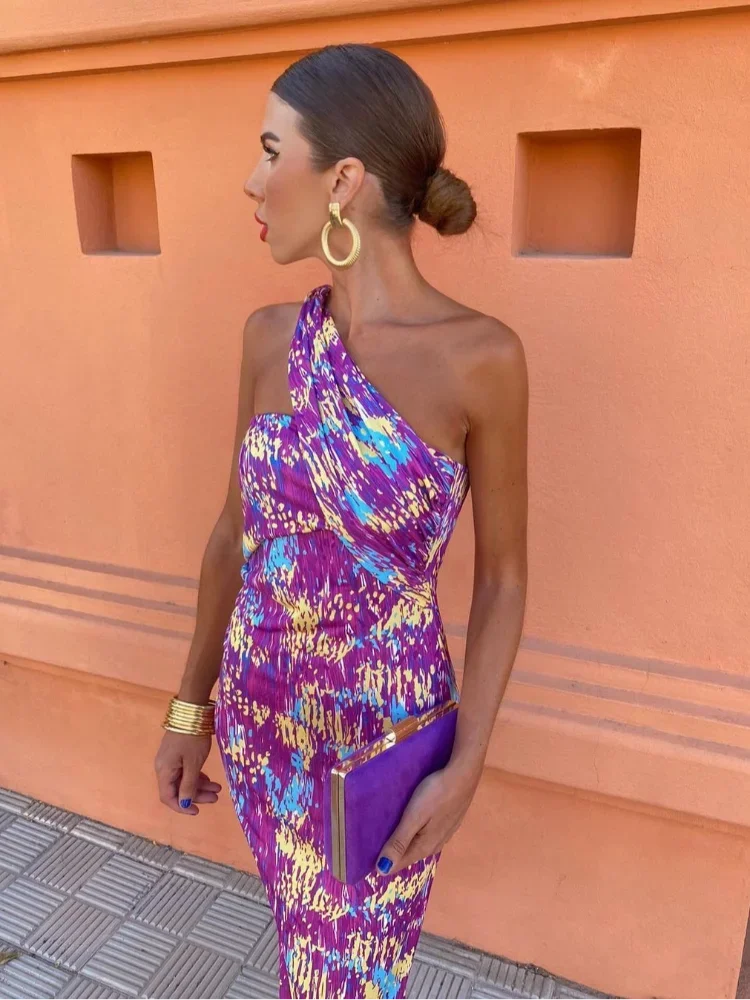 One Shoulder Maxi Jurk Dames | Bodycon Gastenjurk met Print-Boutique Moda