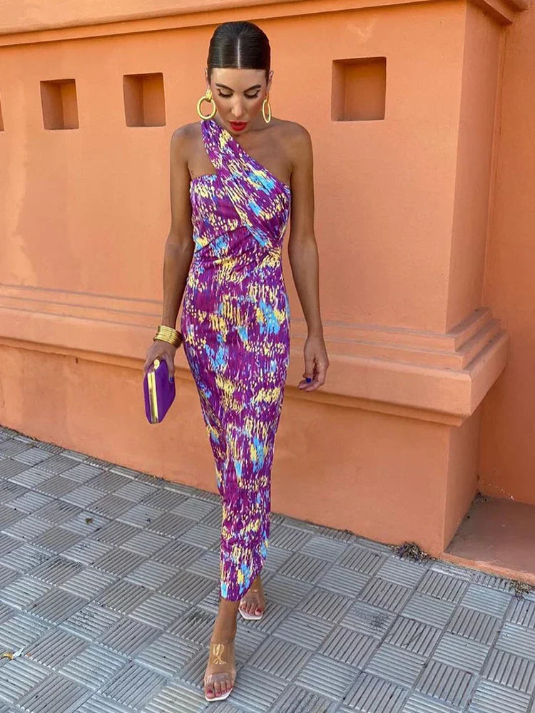 One Shoulder Maxi Jurk Dames | Bodycon Gastenjurk met Print-Boutique Moda