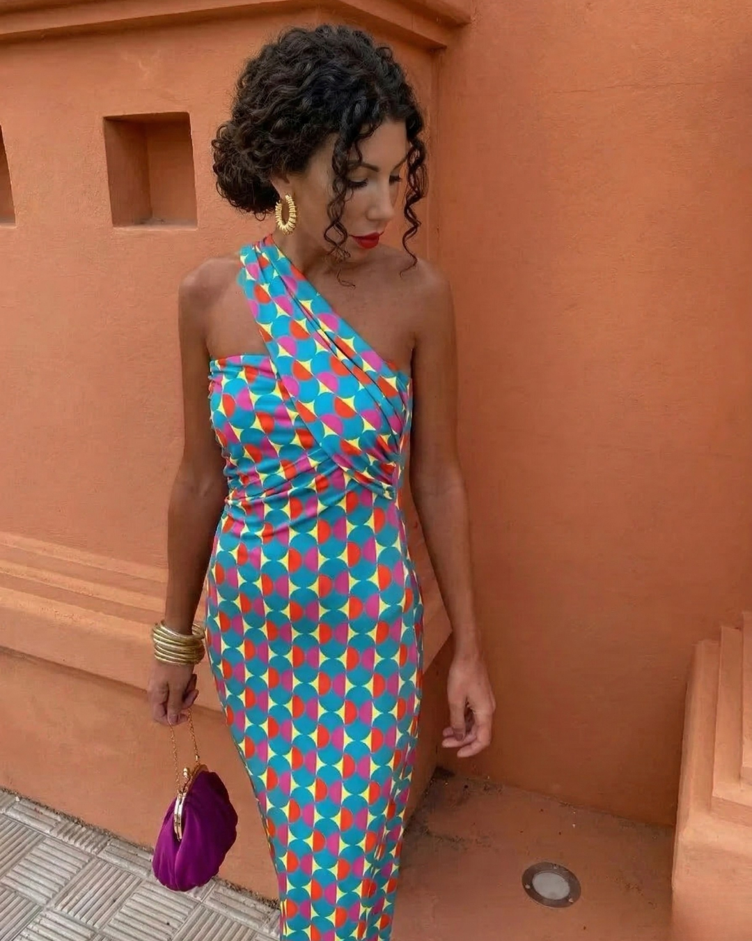 One Shoulder Maxi Jurk Dames | Bodycon Gastenjurk met Print-Boutique Moda