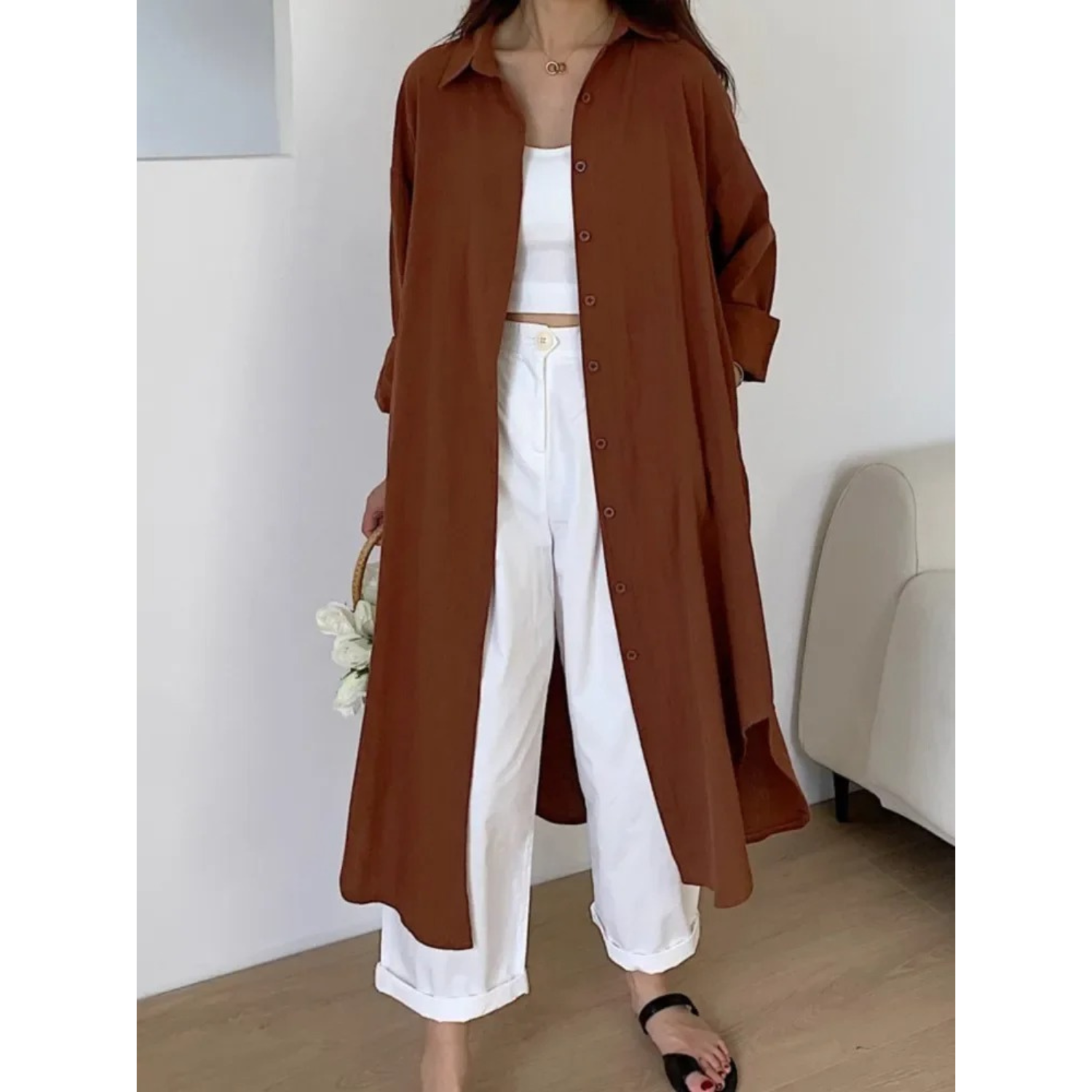 Overhemdjurk | Button-Up | Lange Mouw | Linnen Jurk | Dameskleding-Boutique Moda