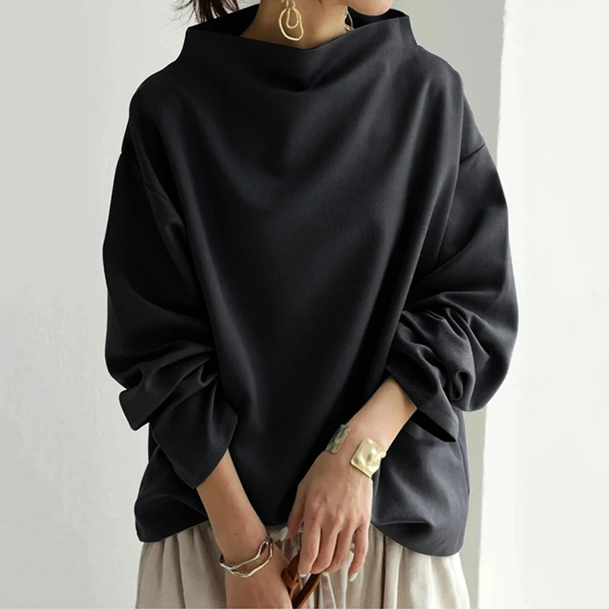 Oversized Blouse | Zwart | Lange Mouw | Blouse Met Hoge Hals | Dameskleding-Boutique Moda
