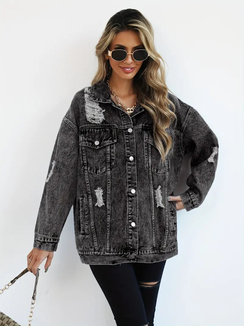 Oversized Denim Jas - Gescheurd - Los model - Denim Jas - Damesjas-Boutique Moda