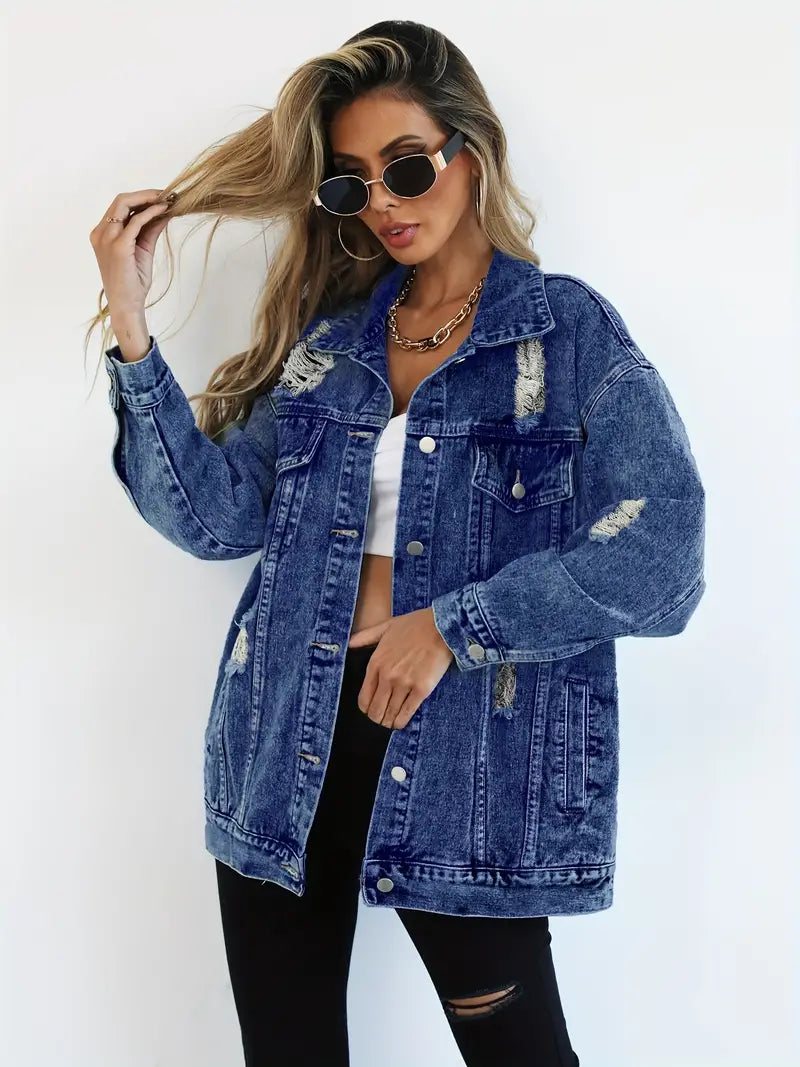 Oversized Denim Jas - Gescheurd - Los model - Denim Jas - Damesjas-Boutique Moda