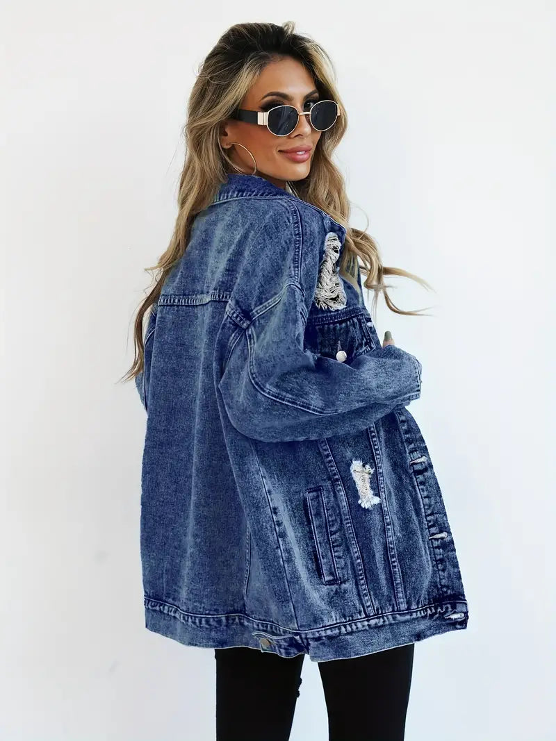 Oversized Denim Jas - Gescheurd - Los model - Denim Jas - Damesjas-Boutique Moda