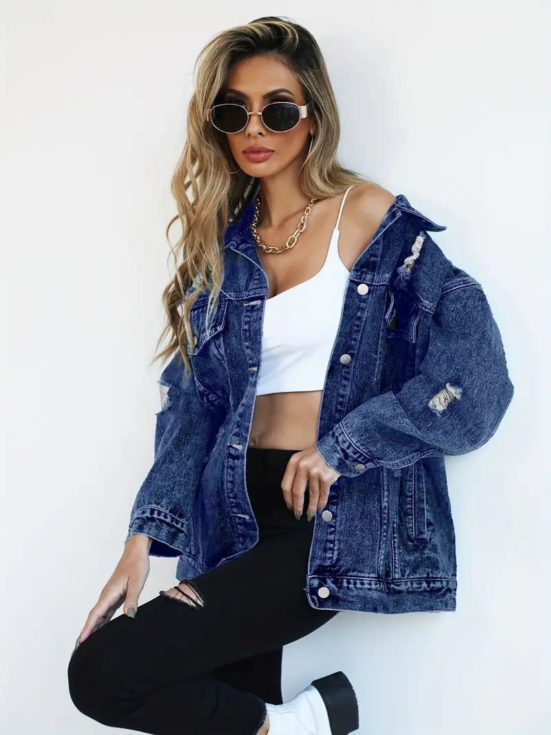 Oversized Denim Jas - Gescheurd - Los model - Denim Jas - Damesjas-Boutique Moda