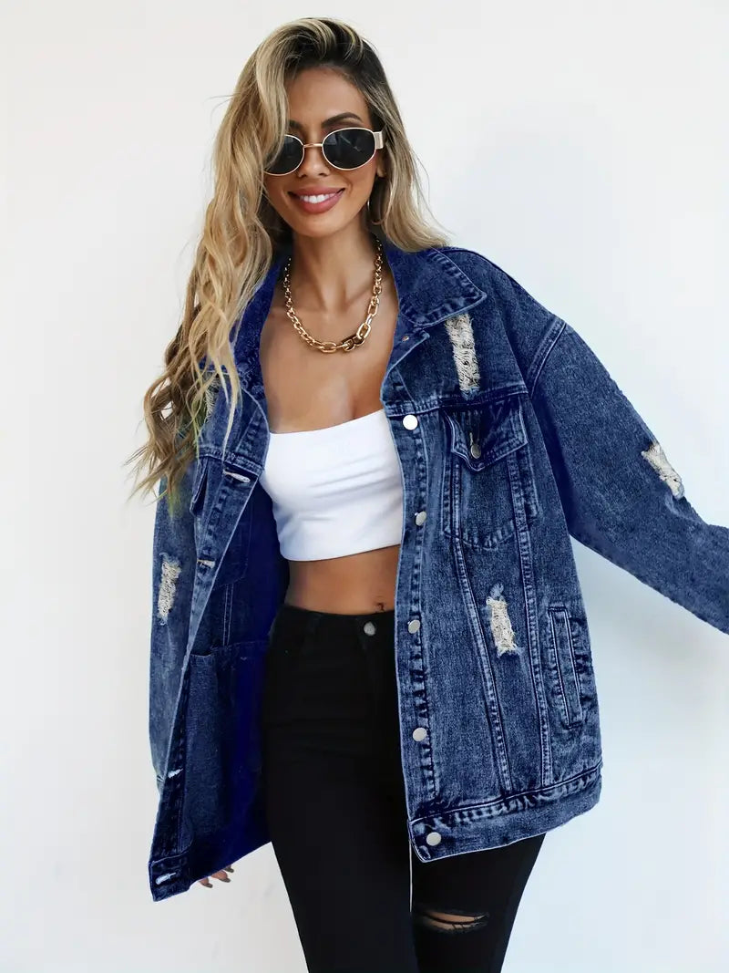 Oversized Denim Jas - Gescheurd - Los model - Denim Jas - Damesjas-Boutique Moda
