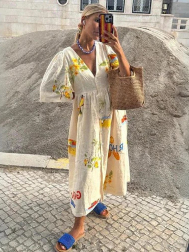 Oversized Jurk - Korte Mouw - V-Hals - Midi Jurk - Zomerjurk-Boutique Moda