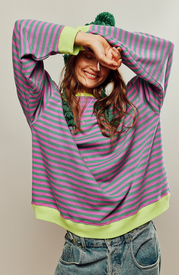 Oversized Sweater - Gestreept oversized shirt met lange mouwen voor dames-Boutique Moda