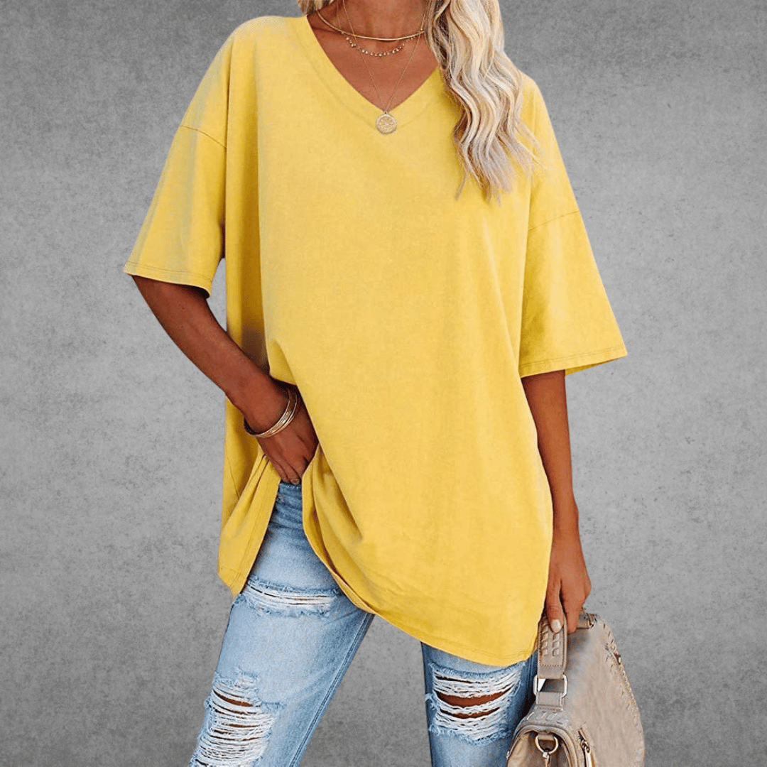Oversized T-shirt - Lang - Losse pasvorm - T-shirt met V-hals - Dames-top-Boutique Moda
