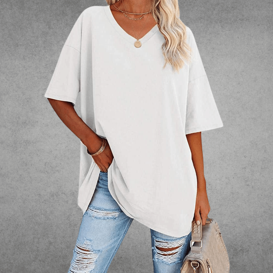 Oversized T-shirt - Lang - Losse pasvorm - T-shirt met V-hals - Dames-top-Boutique Moda