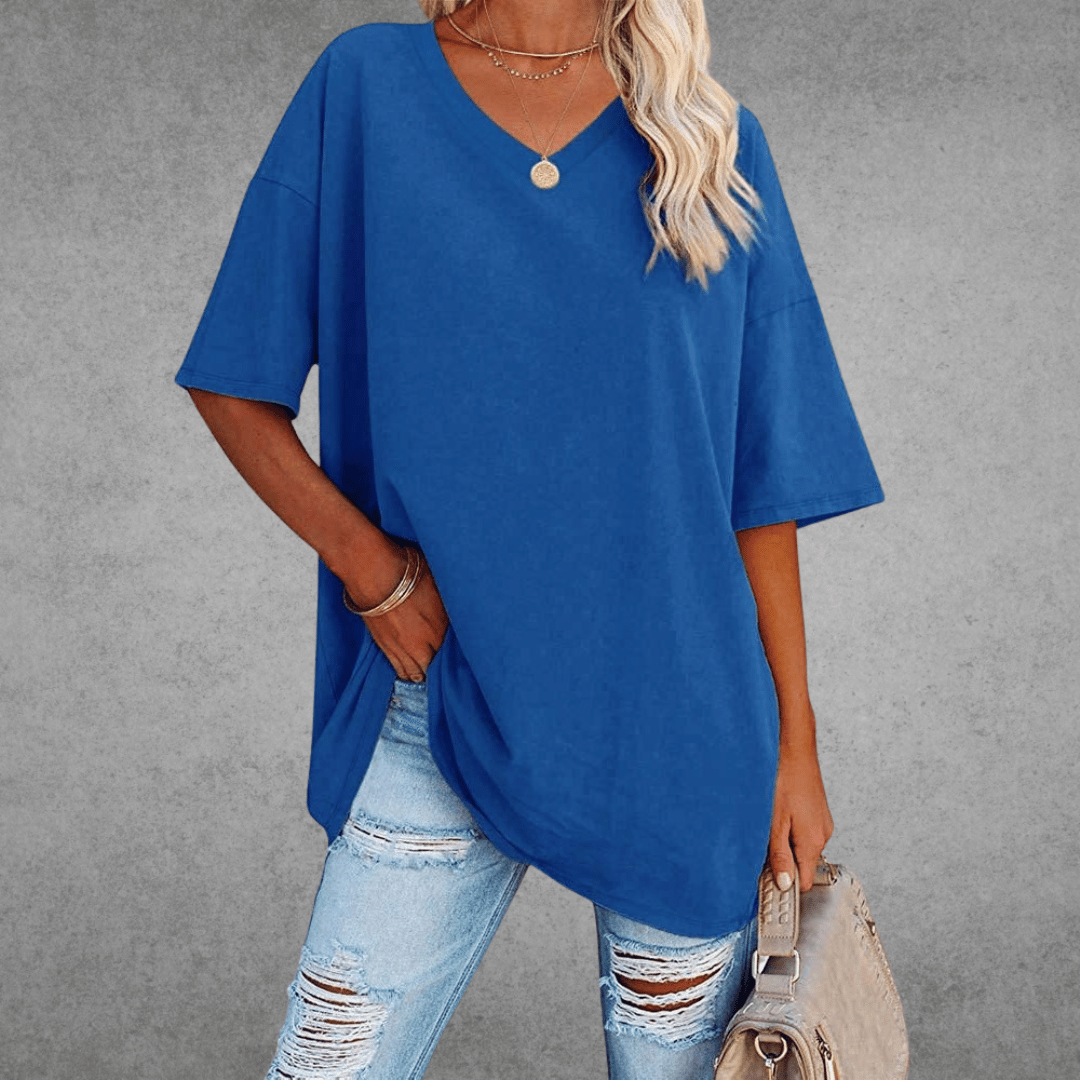 Oversized T-shirt - Lang - Losse pasvorm - T-shirt met V-hals - Dames-top-Boutique Moda