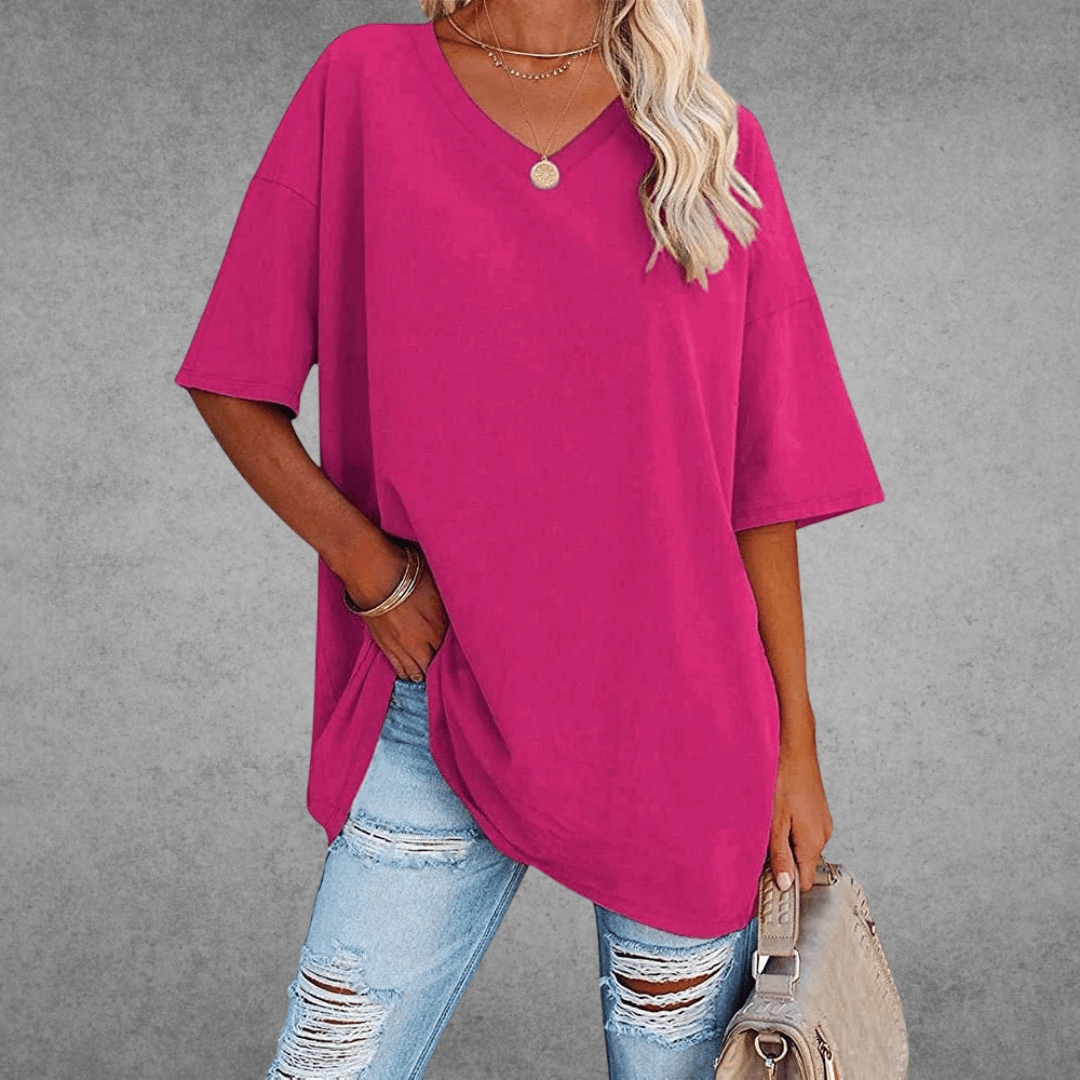 Oversized T-shirt - Lang - Losse pasvorm - T-shirt met V-hals - Dames-top-Boutique Moda
