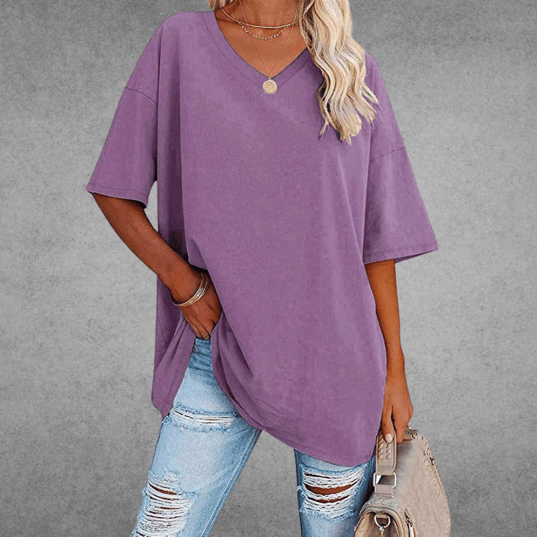Oversized T-shirt - Lang - Losse pasvorm - T-shirt met V-hals - Dames-top-Boutique Moda