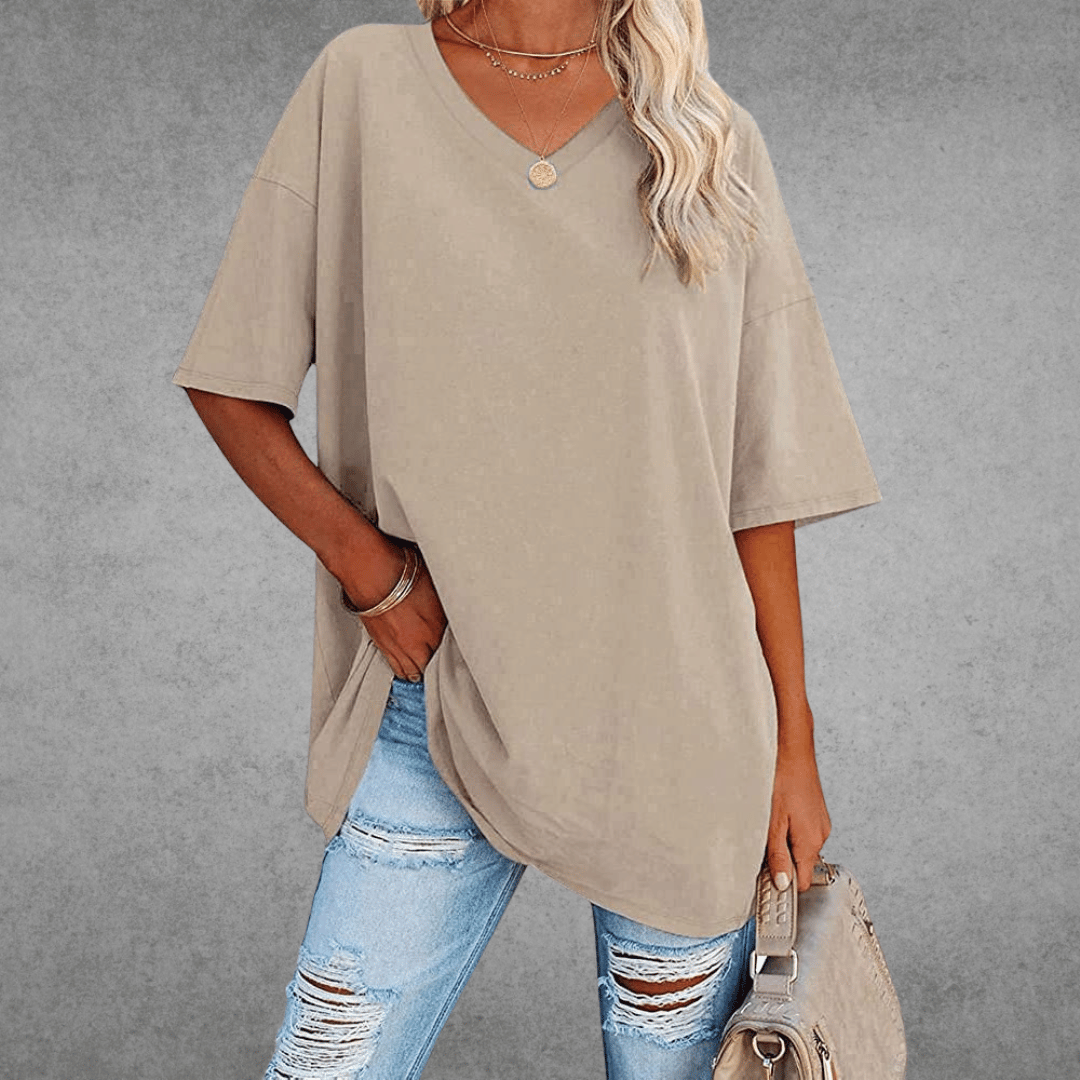 Oversized T-shirt - Lang - Losse pasvorm - T-shirt met V-hals - Dames-top-Boutique Moda
