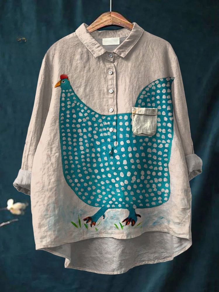 Oversized blouse - Kippenprint - Half geknoopt - Blouse met lange mouwen - Damesblouse-Boutique Moda