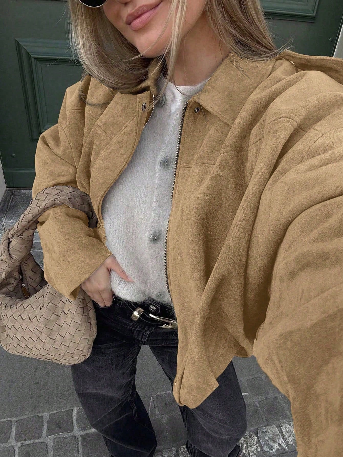 Oversized bomberjack dames – Suèdelook jas met rits en kraag-Boutique Moda