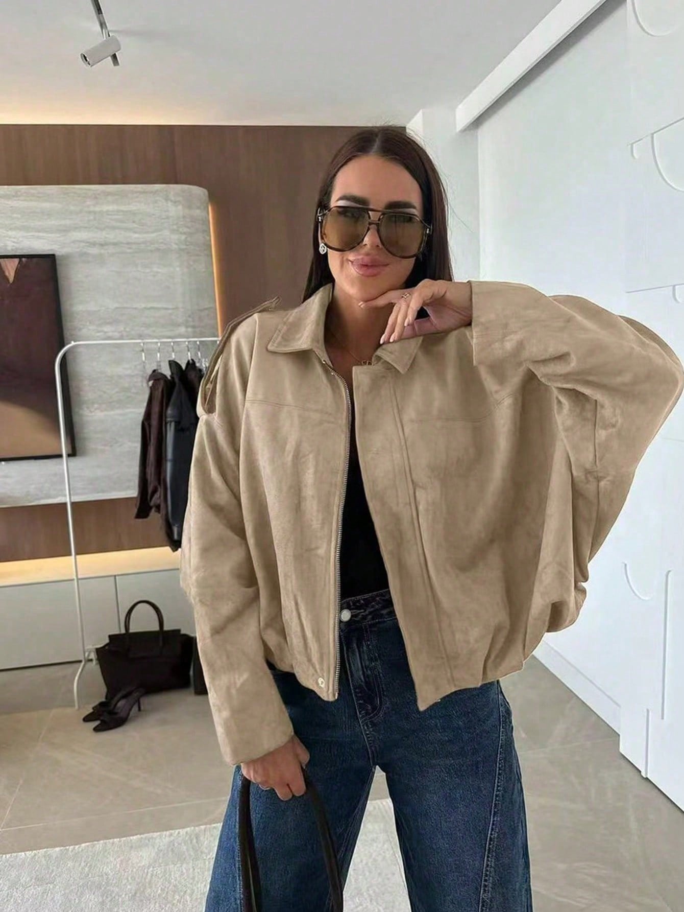 Oversized bomberjack dames – Suèdelook jas met rits en kraag-Boutique Moda