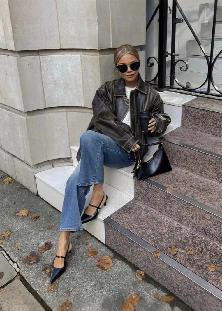 Oversized leren jas - Damesjas in vintage stijl van imitatieleer-Boutique Moda