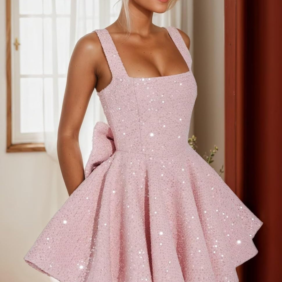 Pailletten Jurk Dames – Mouwloze Glitter Mini Feestjurk met Strik-Boutique Moda