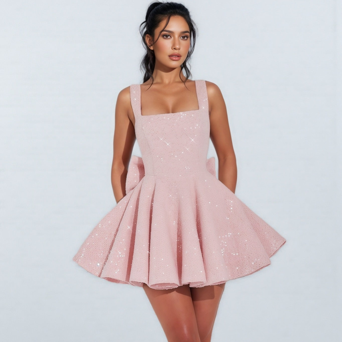 Pailletten Jurk Dames – Mouwloze Glitter Mini Feestjurk met Strik-Boutique Moda