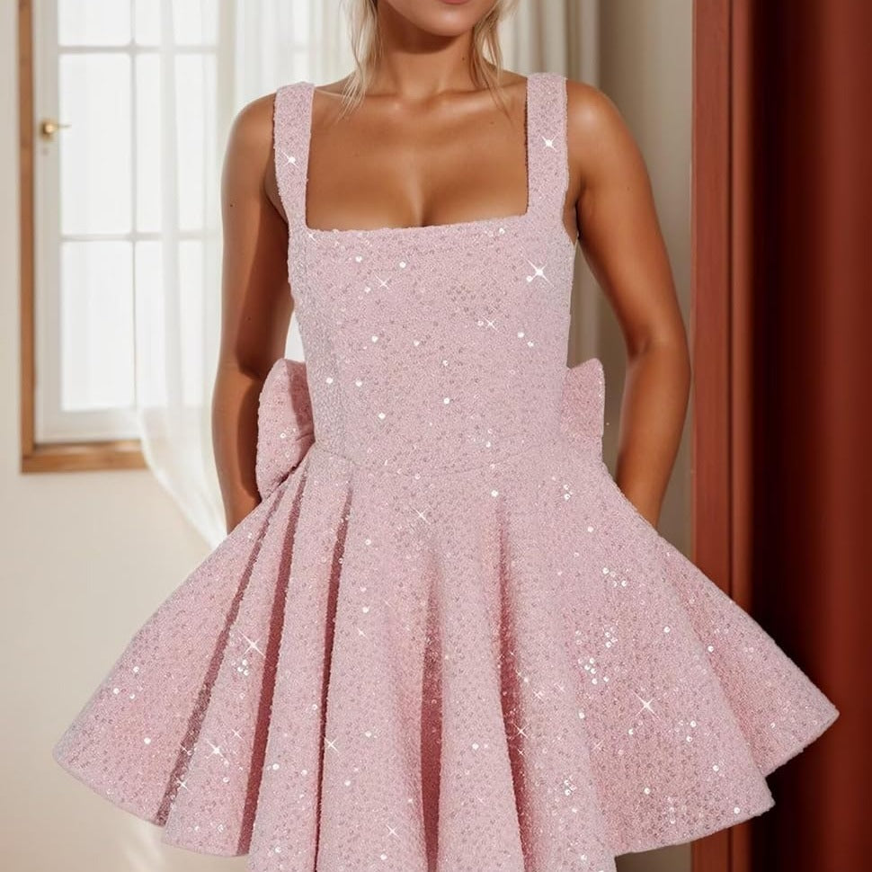 Pailletten Jurk Dames – Mouwloze Glitter Mini Feestjurk met Strik-Boutique Moda
