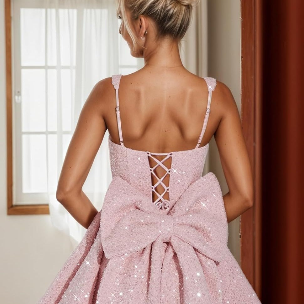 Pailletten Jurk - Mouwloze Sparkly Mini Feestjurk met Strik-Boutique Moda