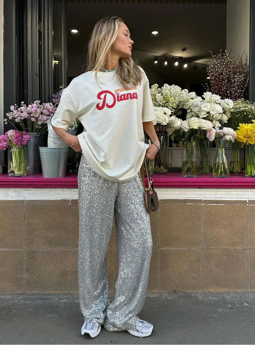 Paillettenbroek - Glitter - Brede pijpen - Damesbroek met pailletten-Boutique Moda